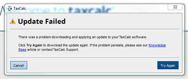 Update Failed - Error Updating TaxCalc - Knowledge Base - TaxCalc