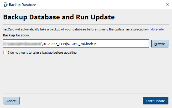 backuup database when update is made dialog box