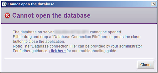 Cannot open the database. The database on server...
